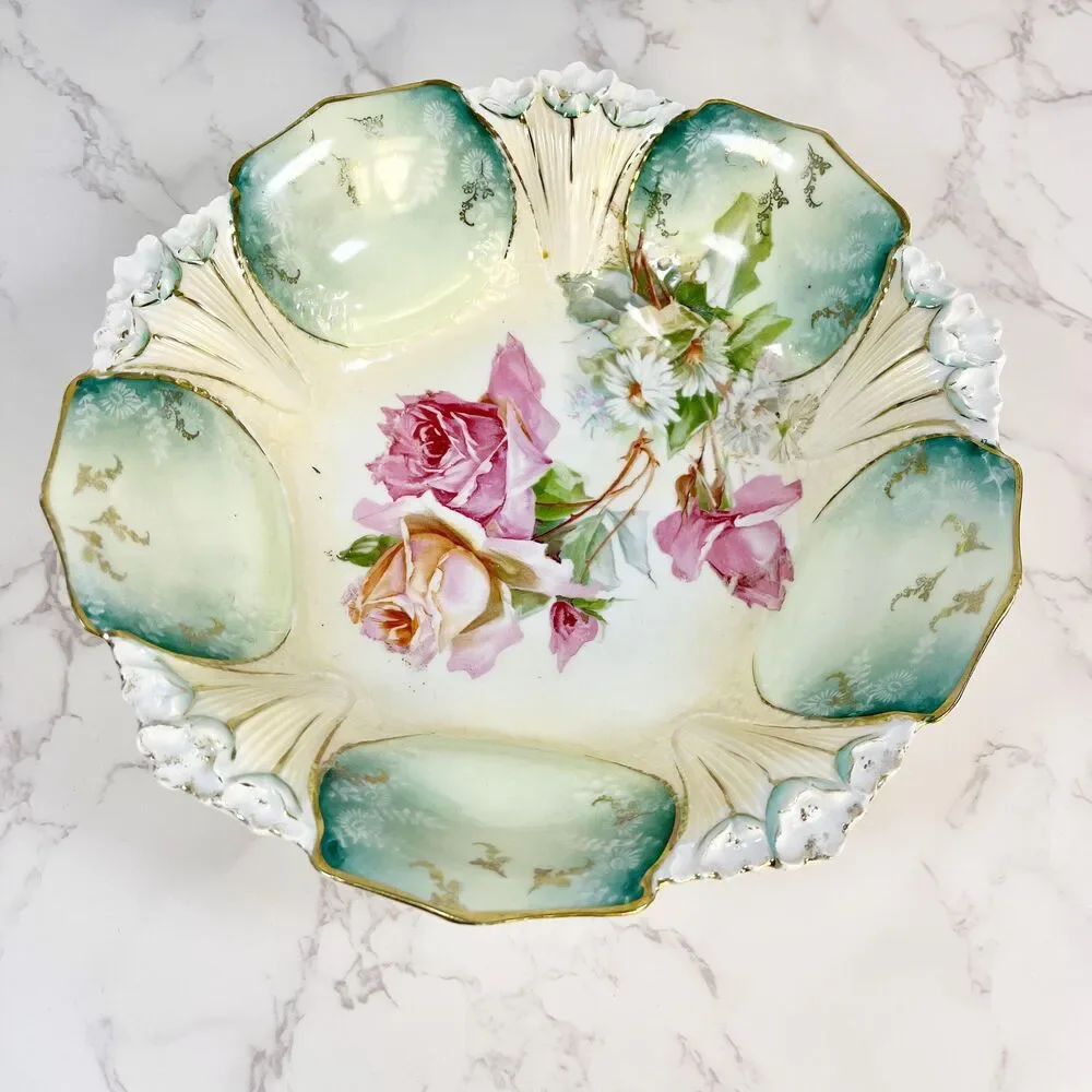 Antique R.S. Prussia Serving Bowl Roses Teal Panels Gold Gilt RED MARK (c. 1900)
